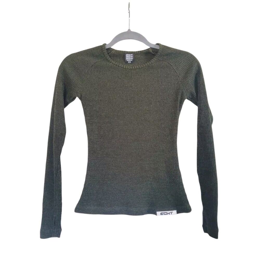 ECHT Dark Green Ribbed Long Sleeve Gym Base Layer Comfort Top, Women's XS